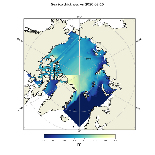 Icethickness in the arctic, Visualization with Python, Matplotlib, Jupyter Notebook with Data from Copernicus Marine Service