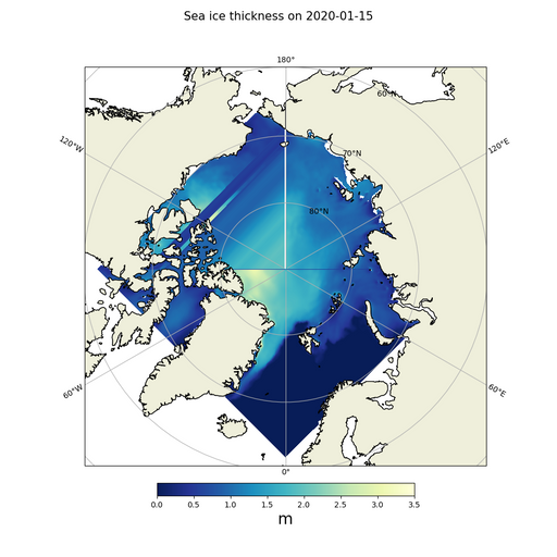 Icethickness in the arctic, Visualization with Python, Matplotlib, Jupyter Notebook with Data from Copernicus Marine Service