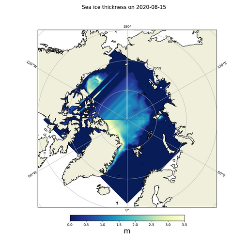 Icethickness in the arctic, Visualization with Python, Matplotlib, Jupyter Notebook with Data from Copernicus Marine Service