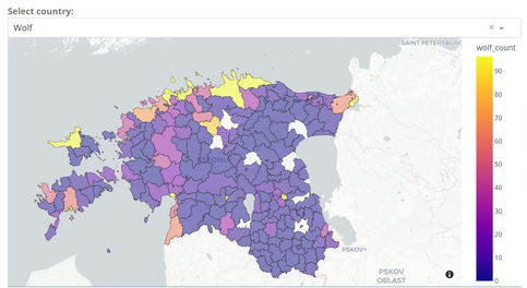 The figure shows the calling density of the municipalities. A drop-down menu can also be used to distinguish between the individual tourist countries in order to determine any differences.
Overall, most calling activities take place on the northern Baltic Sea coast. A similar picture emerges from the analysis of the foxes. In the case of bears, there is also increased activity on the border with Russia and in the case of wolves in the municipality with the number 392 on Hiiumaa.