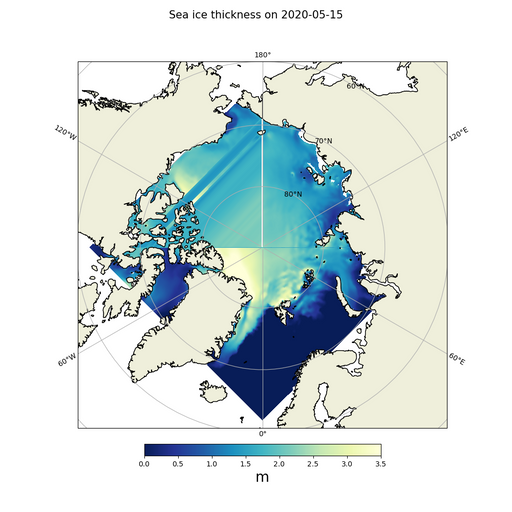 Icethickness in the arctic, Visualization with Python, Matplotlib, Jupyter Notebook with Data from Copernicus Marine Service