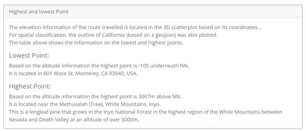 To get a feeling for the spatial nature of the route, I plotted the GPS points in a 3D scatterplot and added the floor plan of California for spatial location. According to my internet research, California is on average 884m above sea level, which is why I also placed the data from the geojson there in the scatterplot.
