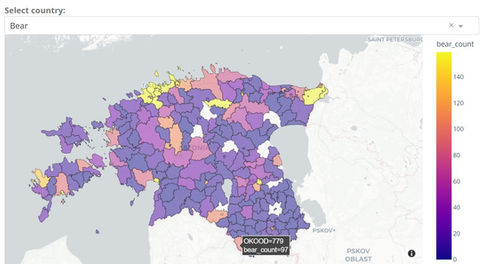 The figure shows the calling density of the municipalities. A drop-down menu can also be used to distinguish between the individual tourist countries in order to determine any differences.
Overall, most calling activities take place on the northern Baltic Sea coast. A similar picture emerges from the analysis of the foxes. In the case of bears, there is also increased activity on the border with Russia and in the case of wolves in the municipality with the number 392 on Hiiumaa.