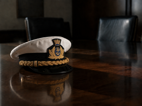 A naval officer's cap resting on a boardroom conference table, illustrating military leadership traits in the business world.