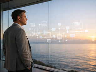 A leader viewing a complex AI system architecture hologram against a sunrise ocean backdrop.