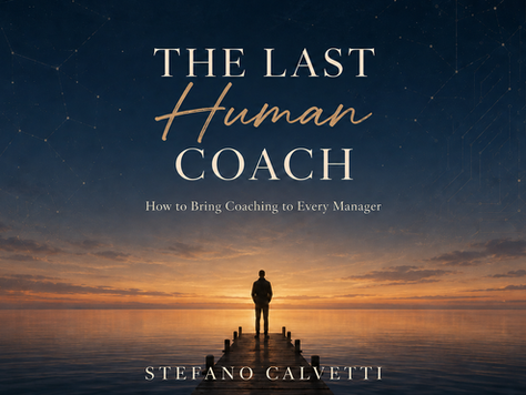 Book cover titled "The Last Human Coach: How to Bring Coaching to Every Manager" by Stefano Calvetti, featuring a lone person standing at the end of a wooden pier facing a sunset over calm water.