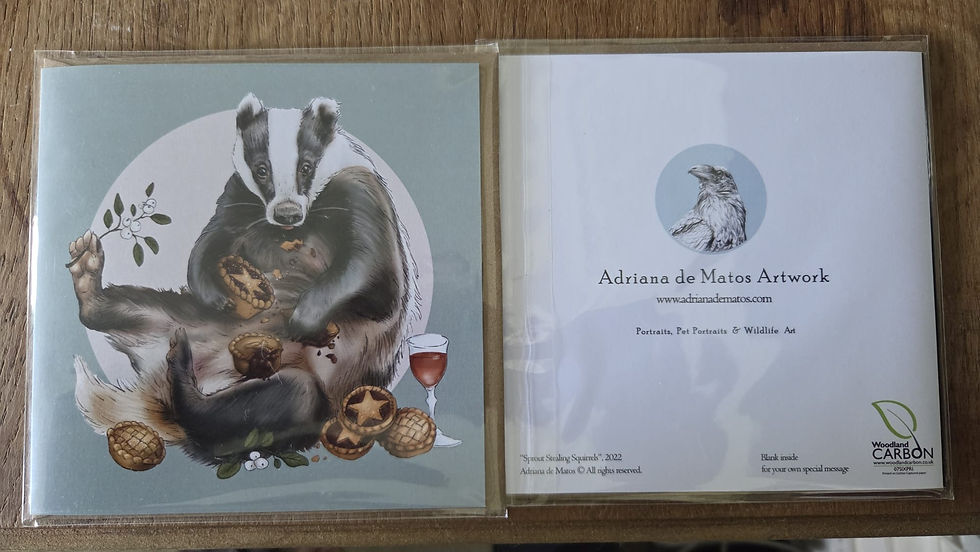 Adriana de Matos's 'Sprout Stealing Squirrels' Christmas card — a badger with mince pies, red wine and mistletoe