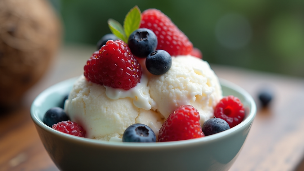 Close-up view of a bowl of coconut milk ice cream topped with fresh berries