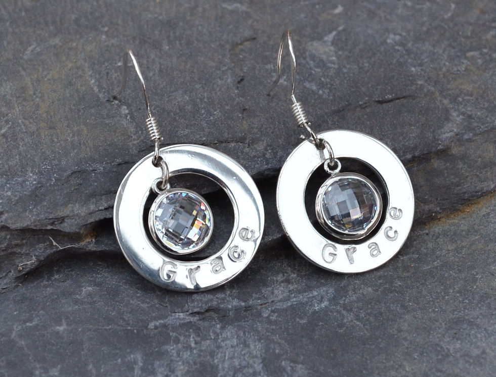 'Grace' stamped silver washer earrings with cubic zirconia drops