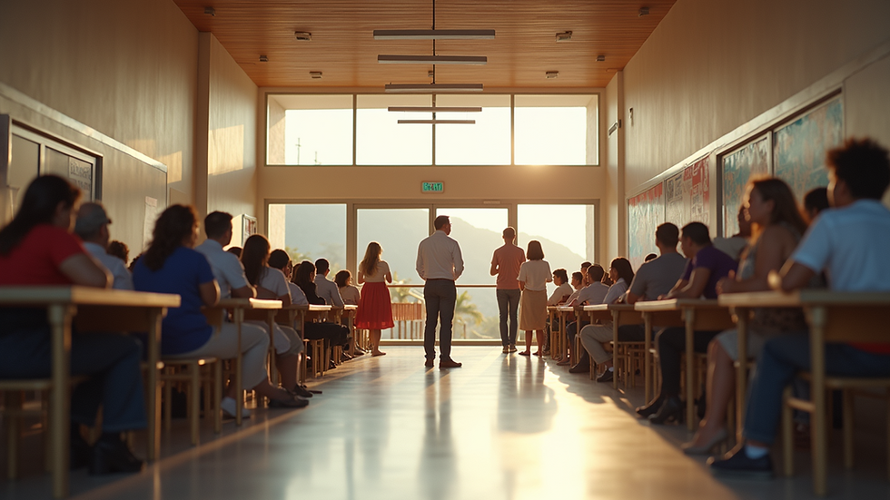 Eye-level view of a community center with people gathering