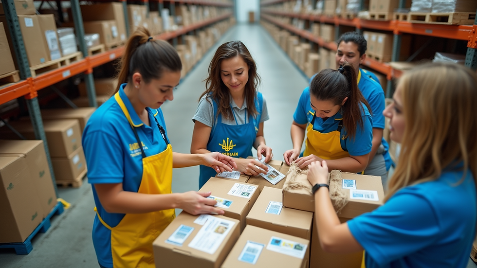 High angle view of volunteers organizing medical supplies in a warehouse