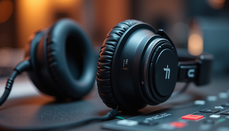 Eye-level view of a radio microphone and headphones on a studio desk