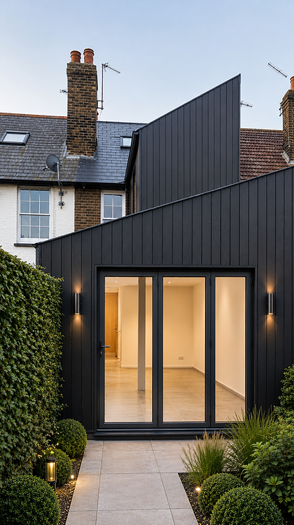 new two-storey extension with charred timber cladding to house in Whitstable's conservation area