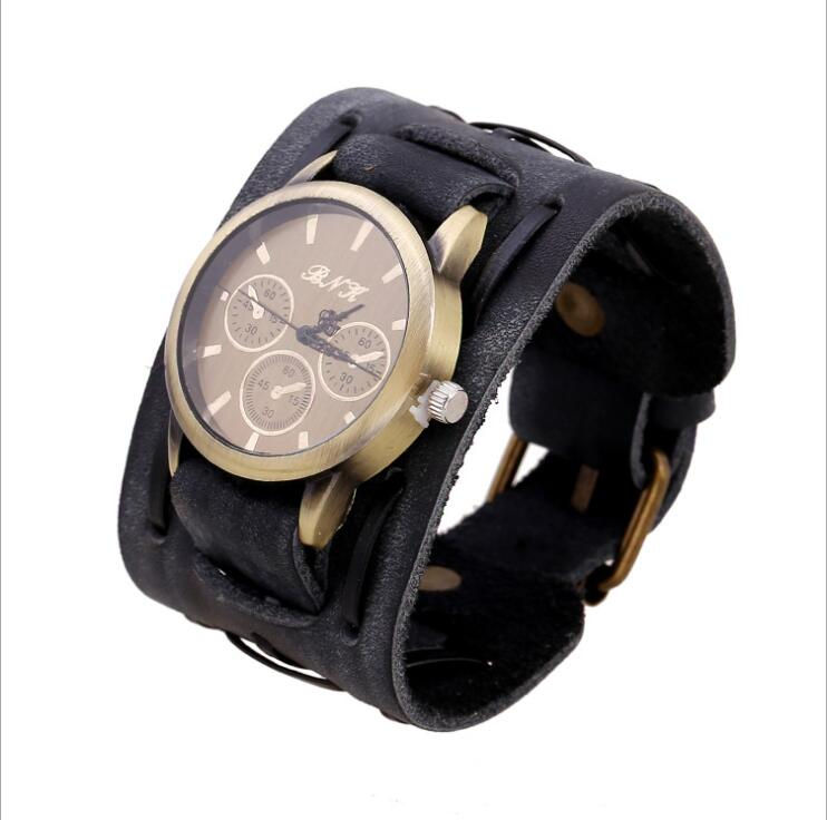 Miniatura: Relógio masculino Relogio Retro Big Wide com pulseira de couro genuíno, estilo p