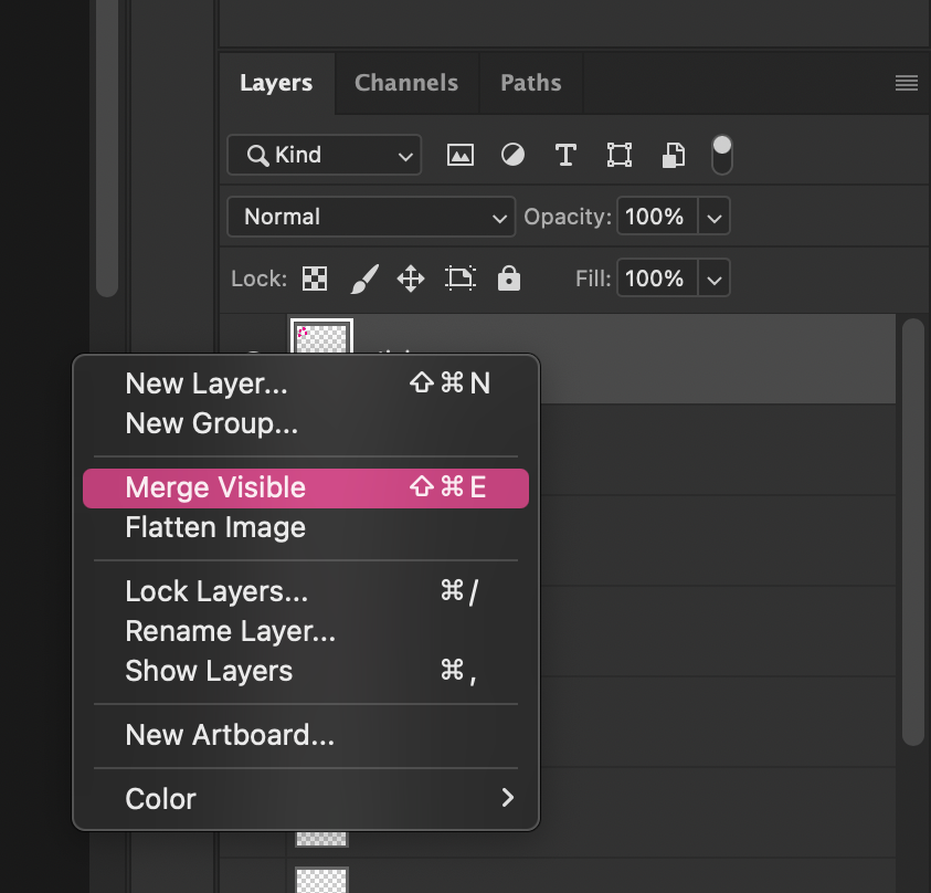 Photoshop-scherm toont lagenpaneel met een contextmenu voor "Merge Visible" in roze gemarkeerd. Andere opties zijn zichtbaar maar niet geselecteerd.