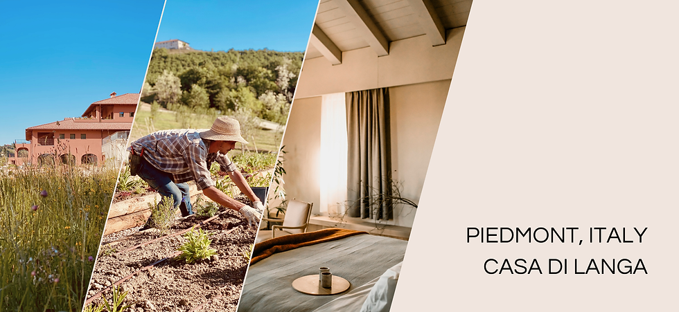 Elegant Italian villa, gardener tending plants, cozy room interior. Text: Piedmont, Italy, Casa di Langa. Blue sky, serene vibe.
