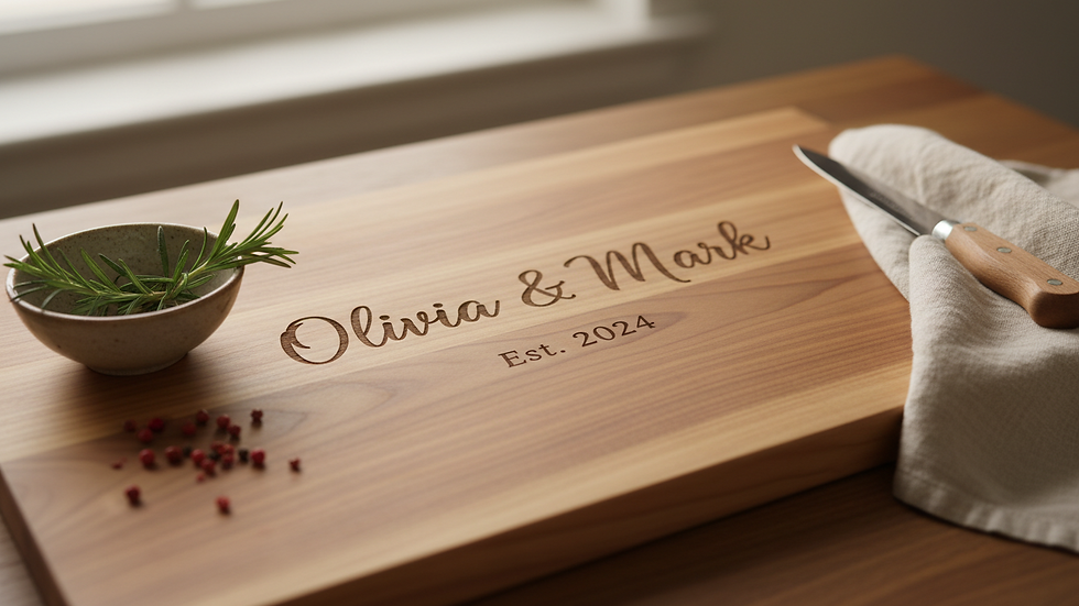 Close-up view of a wooden cutting board with engraved names and date