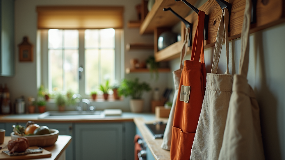 High angle view of a cozy kitchen with personalized aprons hanging on hooks