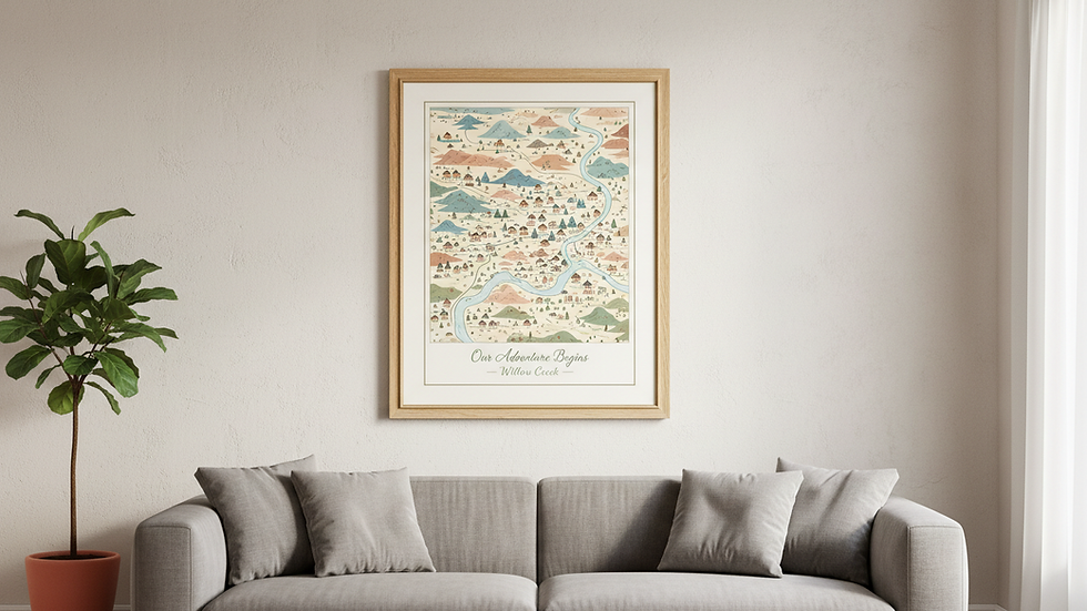 Eye-level view of a framed custom map print hanging on a living room wall