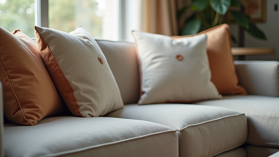 Eye-level view of a cozy living room with personalized throw pillows on a sofa