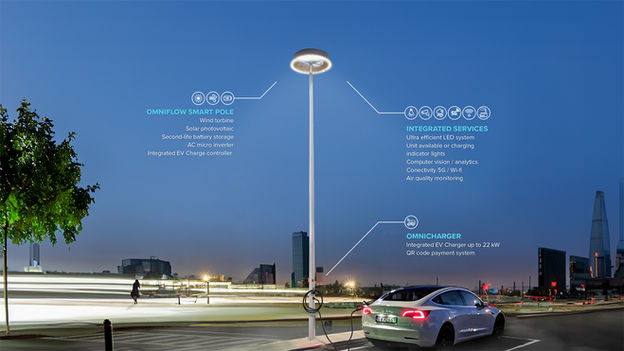 Night scene with a electric car being charged form a Omniflow Smart Pole with fully integrated EV Chargaer. There's also mais features in the image.