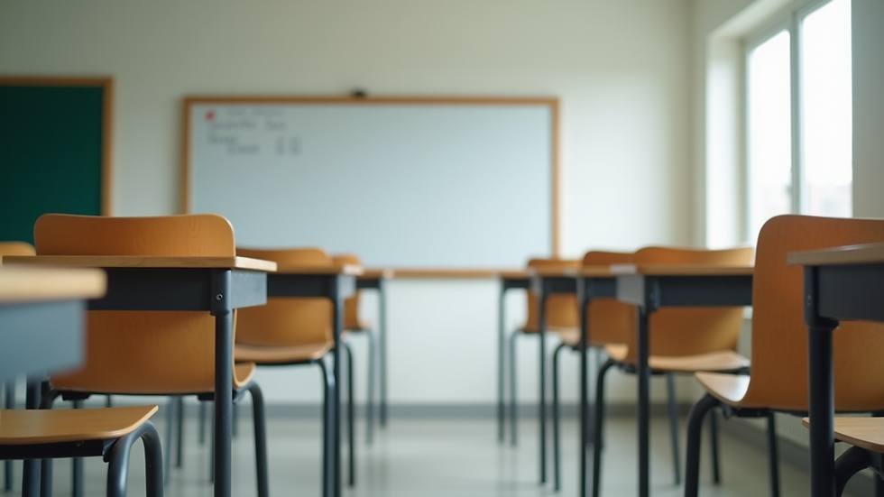 Eye-level view of a classroom with empty desks and a whiteboard