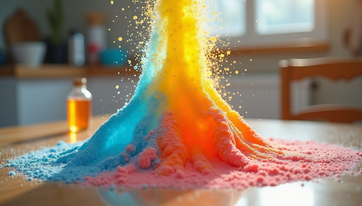 Eye-level view of a colorful homemade volcano erupting with baking soda and vinegar