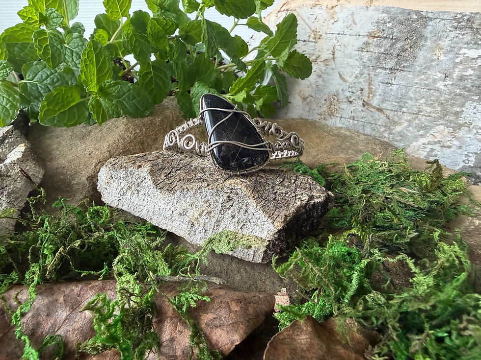 Silver wire wrapped rutilated quartz/black agate bracelet