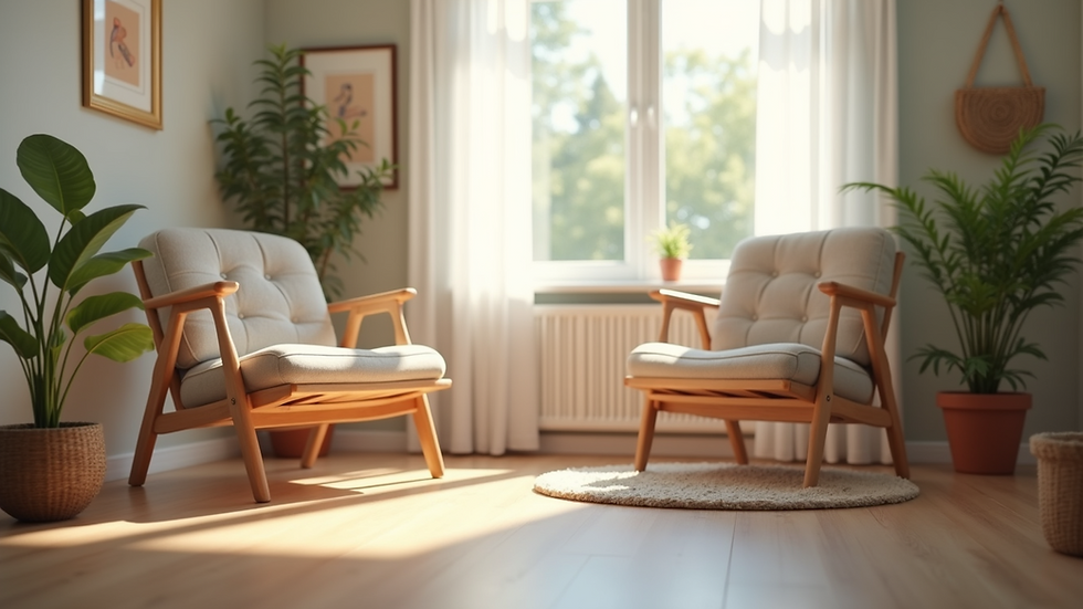 Eye-level view of a calm therapy room with a comfortable chair and soft natural light