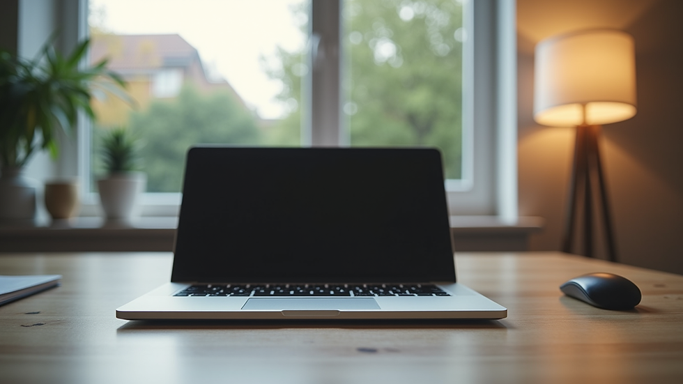 Eye-level view of a laptop on a desk with a calm home office setup