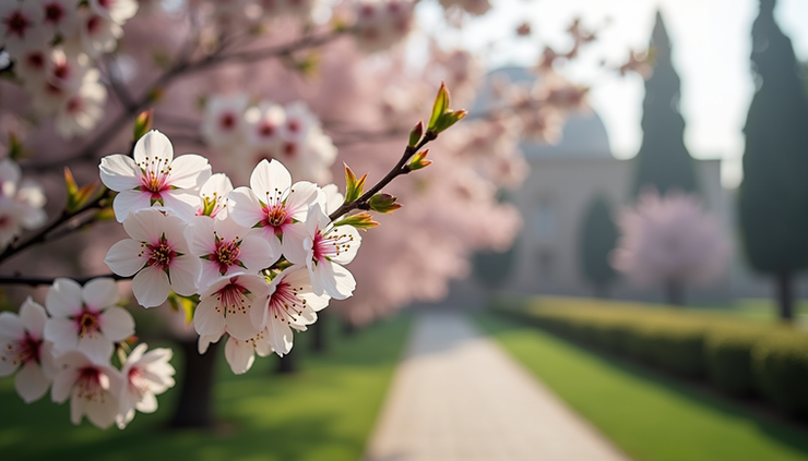 High angle view of blooming almond blossoms in Mughal Gardens, Srinagar