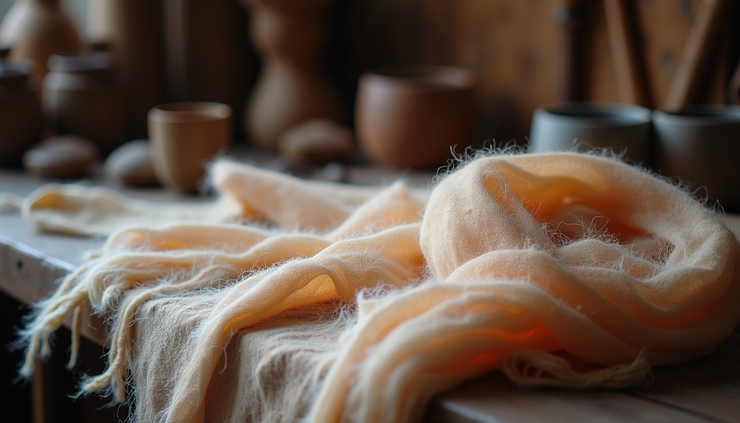 Close-up view of a handcrafted Pashmina shawl displayed in a traditional Kashmiri artisan workshop