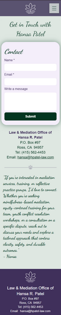 Hansa Patel's contact page mobile