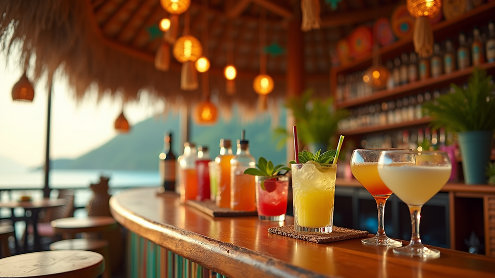 Eye-level view of a tiki bar setup with vibrant decorations and assorted cocktail glasses