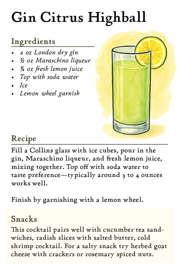 Gin Citrus Highball recipe card with images: lime green cocktail, lemon wheel garnish, and ingredients list. Pairs with snacks.