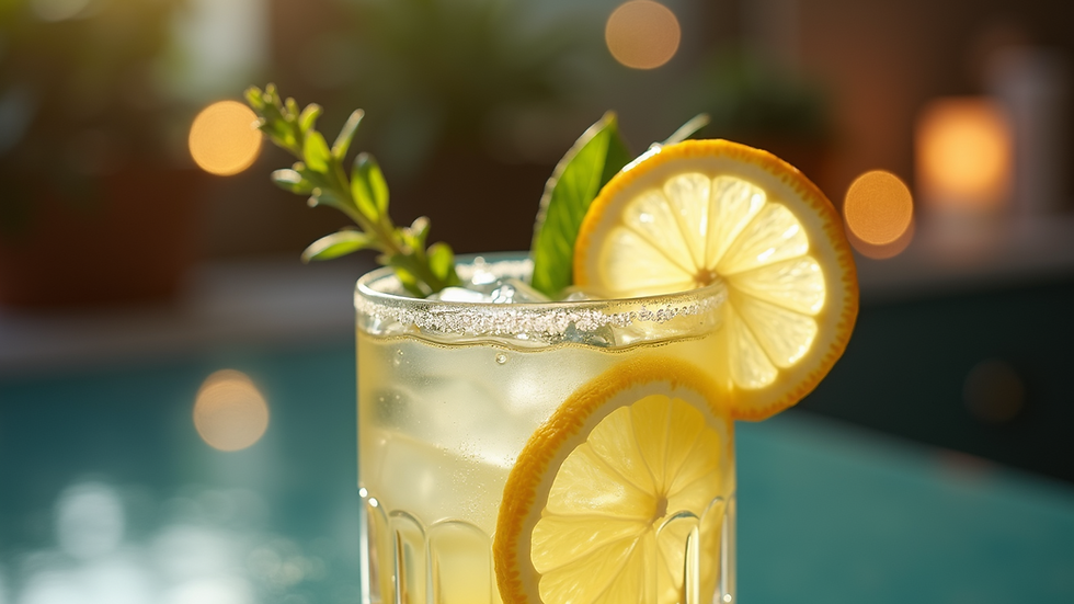 Close-up view of a refreshing gin highball garnished with a lemon wheel