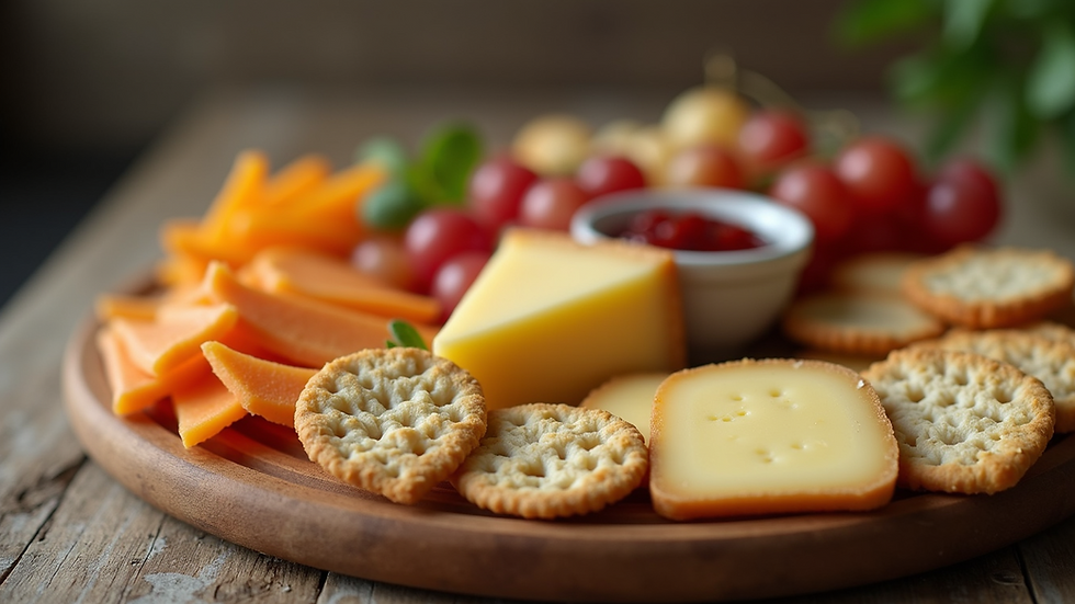 High angle view of a beautifully arranged cheese and cracker board with various snacks