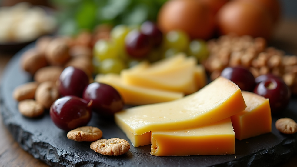 Close-up of assorted snacks including cheese, olives, and nuts for cocktail hour