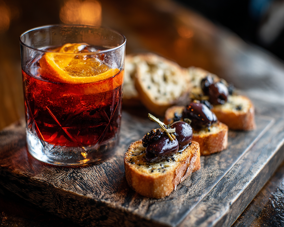 Nevermore Negroni paired with olives and crostini