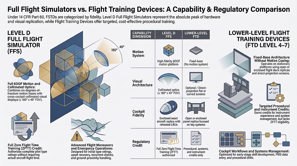 Infographic comparing Level D full flight simulators and FTDs, showing motion, visuals, cockpit fidelity, and ZFTT credits.