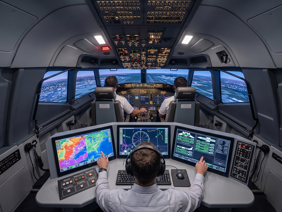 Flight simulator cockpit with three people. Two pilots in front, one instructor at a control panel. Monitors display flight data.