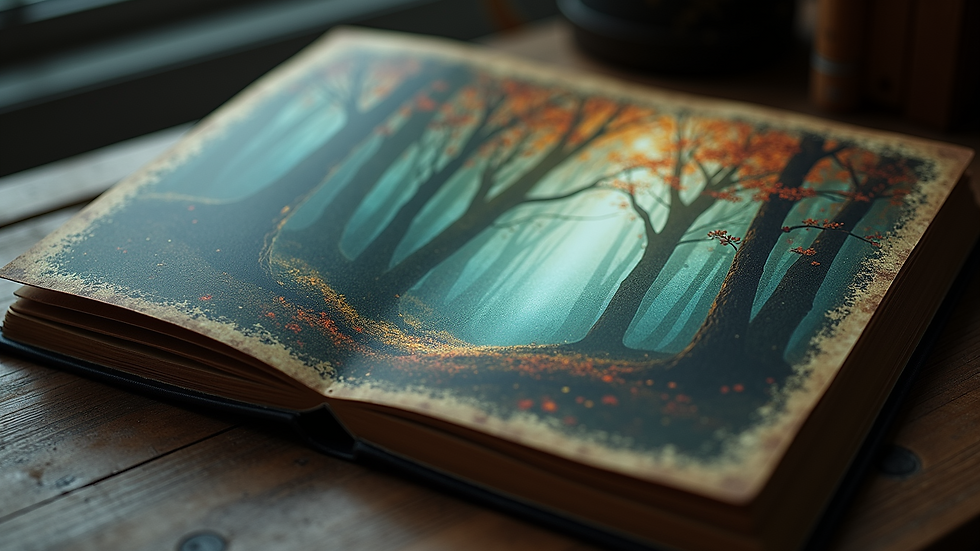 Close-up view of a book cover illustration featuring a mysterious forest