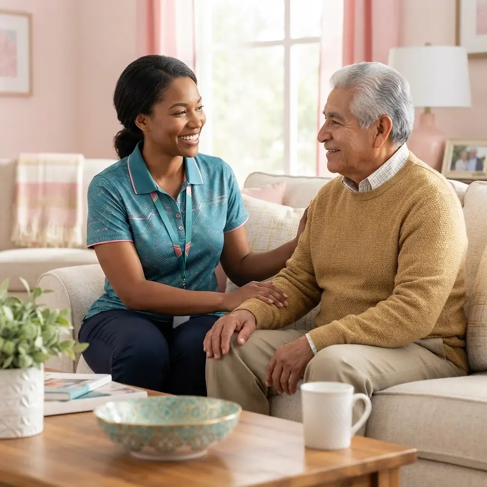 Studio photography of a female caregiver smiling at an elderly man while sitting on a couch. The scene is warm, professional, and compassionate.