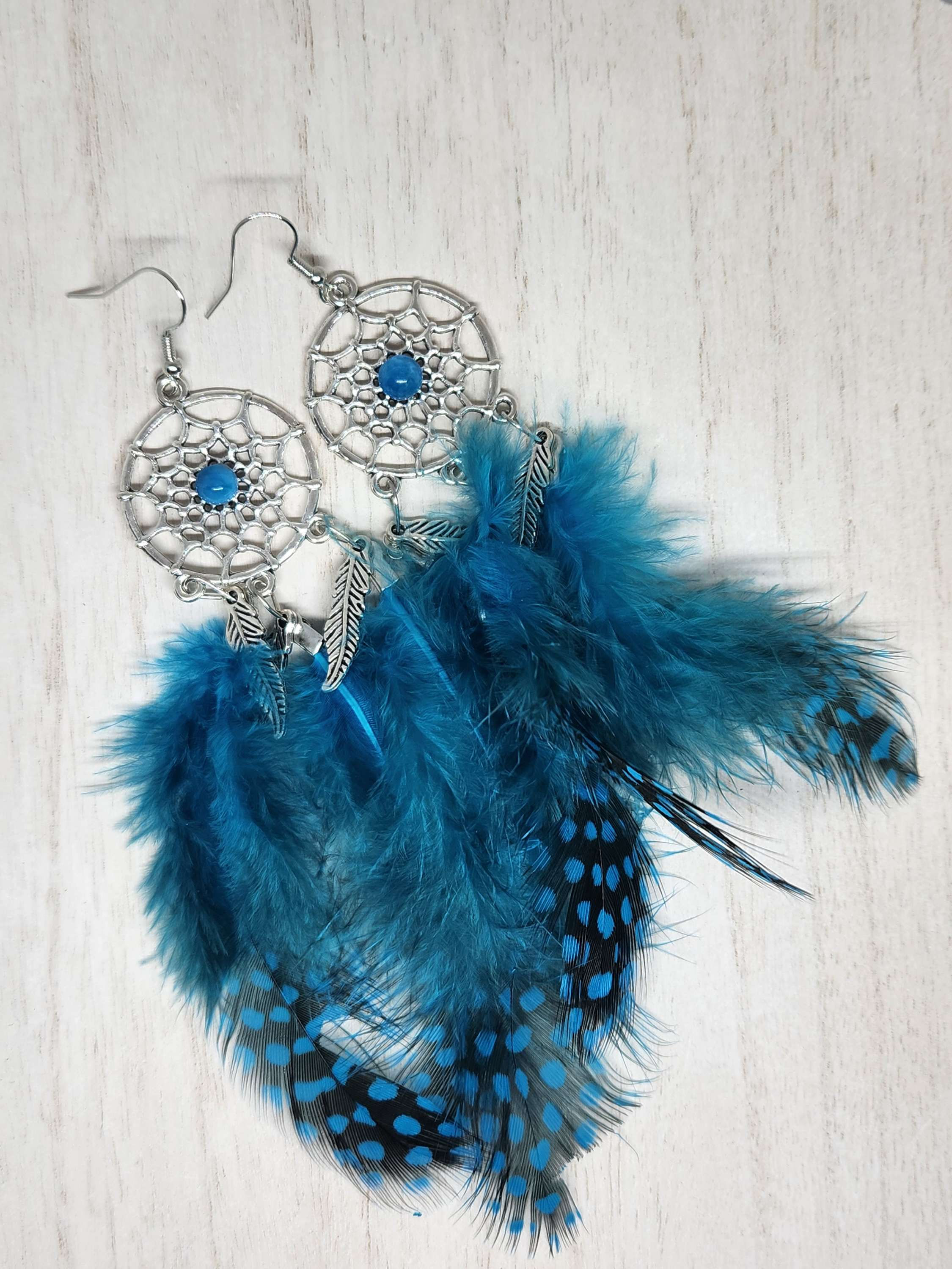 Turquoise blue Feather Dreamcatcher Earrings