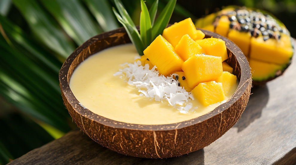 Pyszny koktajl mango z wiórkami kokosowymi