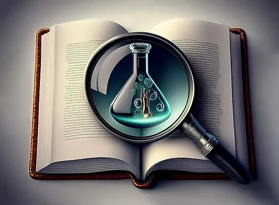 An open book with a magnifying glass focusing on a laboratory flask, symbolizing scientific scrutiny and research integrity.