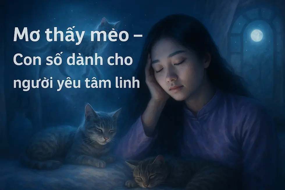 Người phụ nữ nhắm mắt bên hai con mèo, ánh trăng tròn qua cửa sổ. Văn bản: "Mơ thấy mèo – Con số dành cho người yêu tâm linh."
