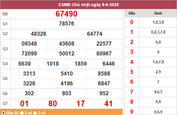Vietnamese lottery result sheet, 8-6-2025. Winning number: 67490. Rows with various prize numbers. Red, white background with tables.