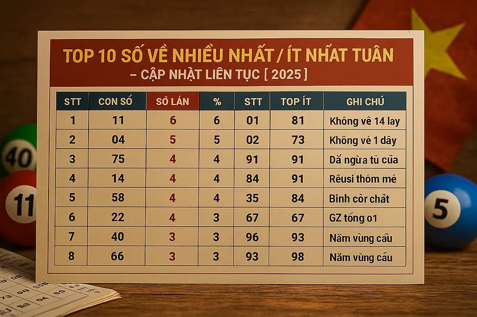Top 10 lottery numbers chart for 2025 on a table with colorful lottery balls in the background. Text in Vietnamese, red and blue accents.