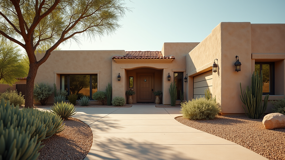 Eye-level view of a desert home exterior with a well-maintained garden